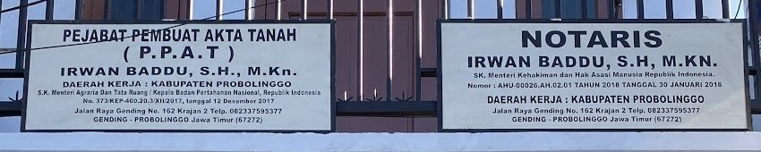 Papan Nama Resmi SK Notaris dan PPAT Irwan Baddu Probolinggo